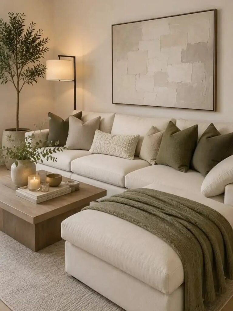 White sectional sofa with olive green accents and neutral decor in a bright room.