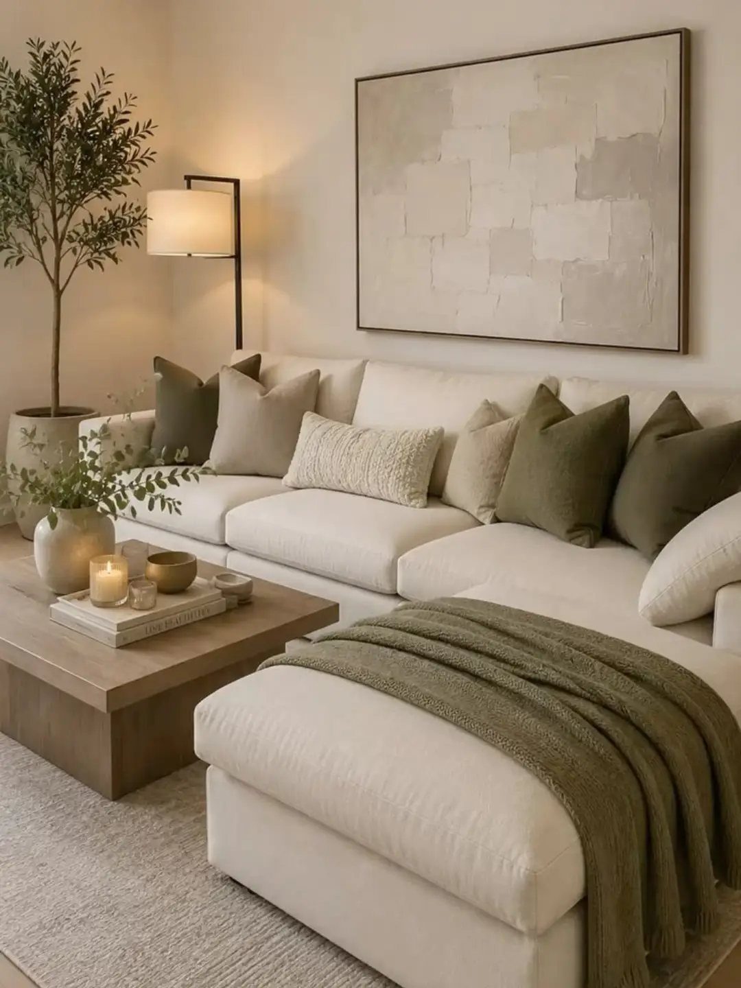 White sectional sofa with olive green accents and neutral decor in a bright room.