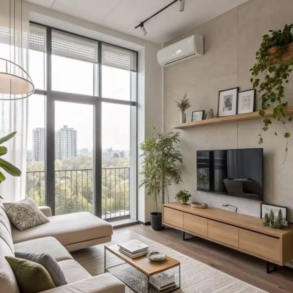 Modern apartment living room with beige sofa, wooden furniture, and large city-view windows.