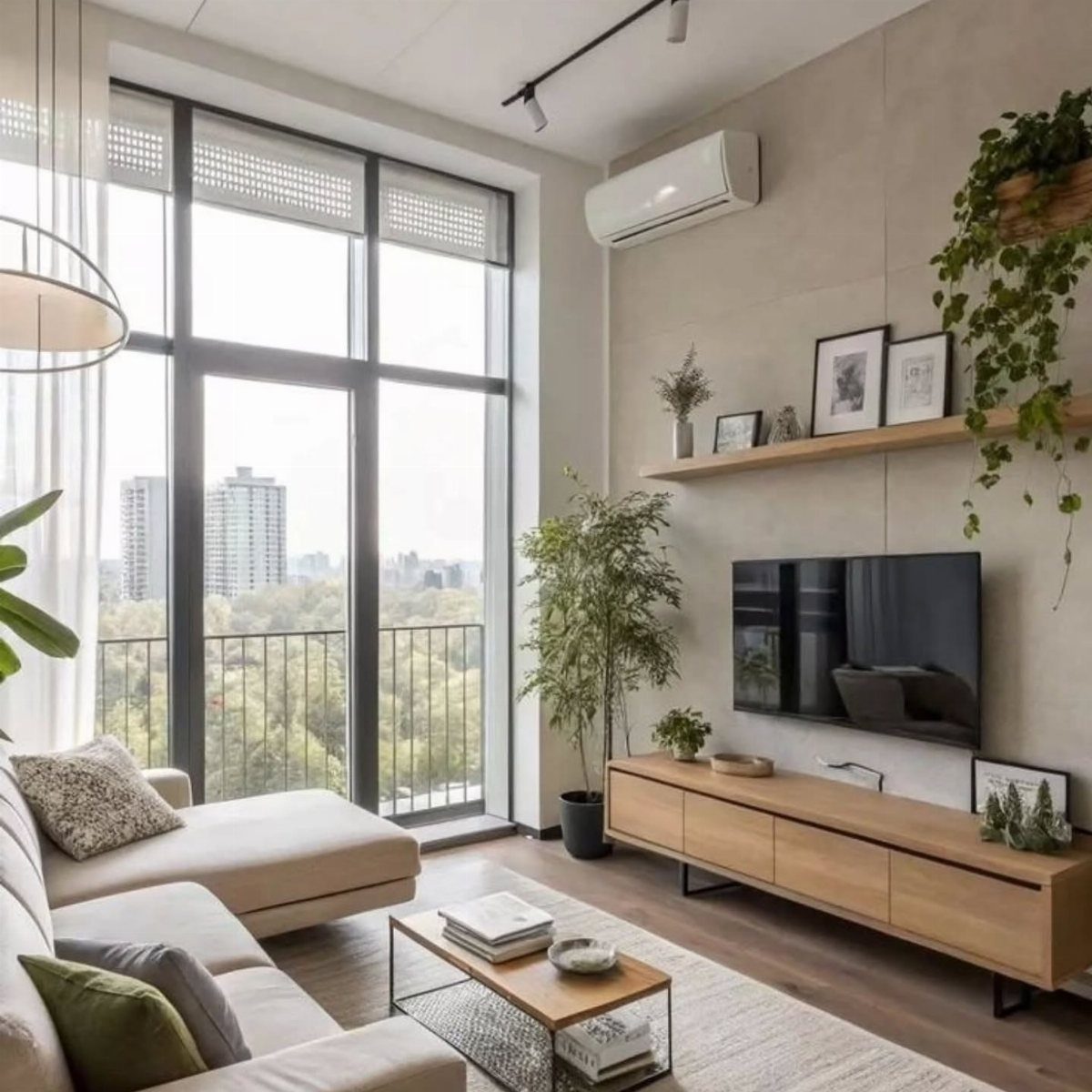 Modern apartment living room with beige sofa, wooden furniture, and large city-view windows.