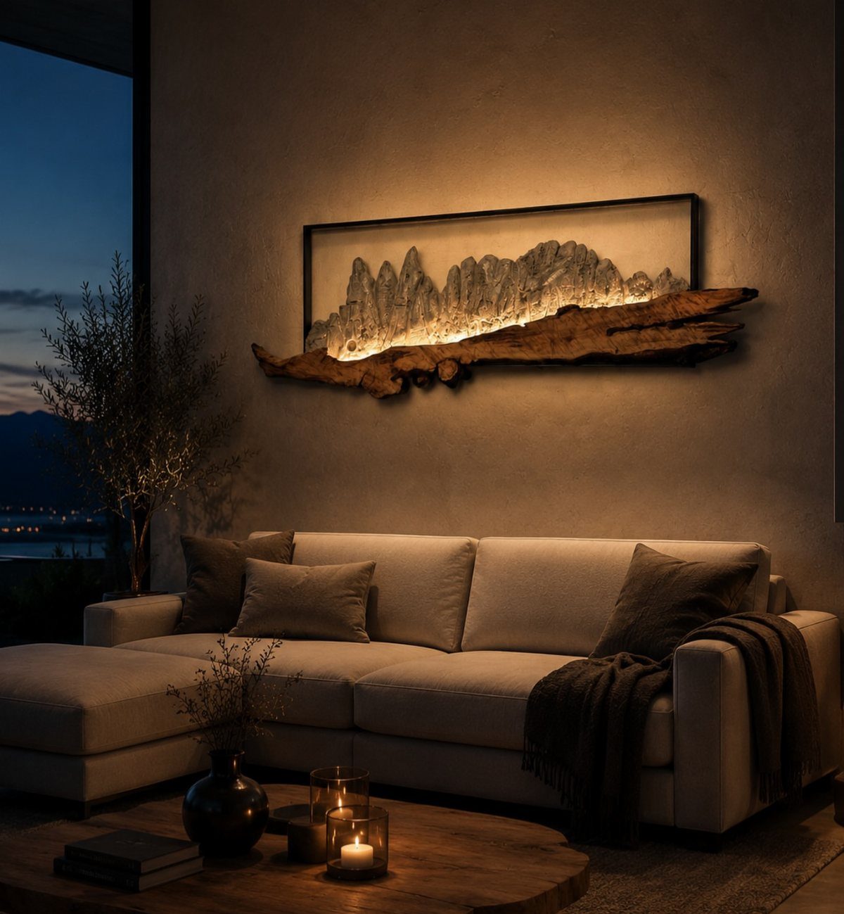 Backlit wood and crystal wall art hanging above a modern beige sectional sofa