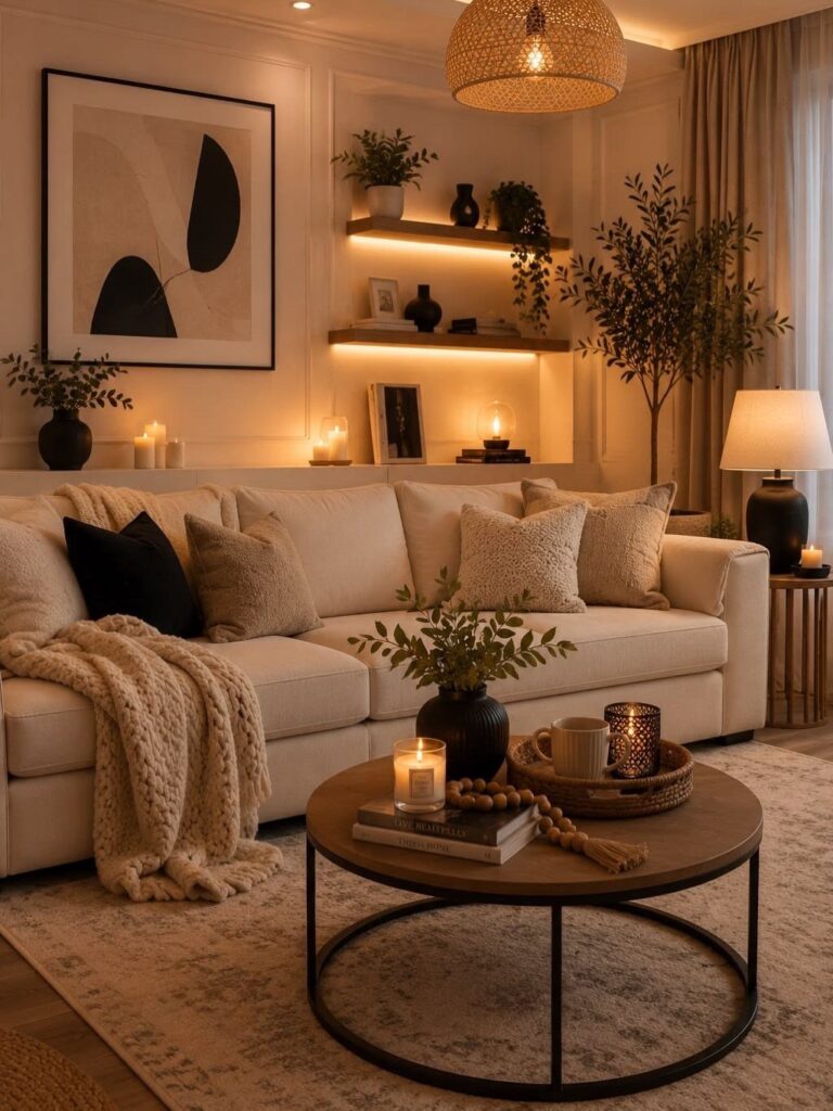 Beige couch in a cozy living room with warm lighting and wooden coffee table