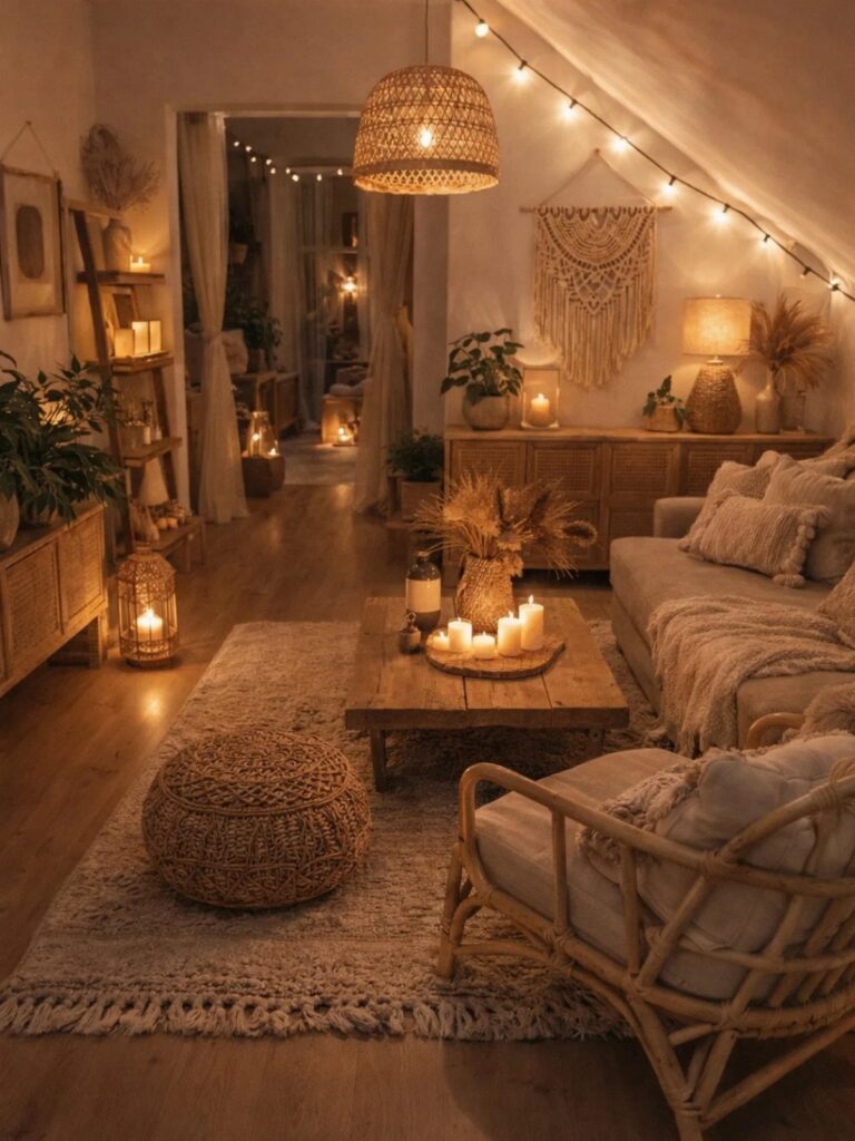 Boho chic living room with rattan furniture, warm lighting, and neutral textured fabrics.