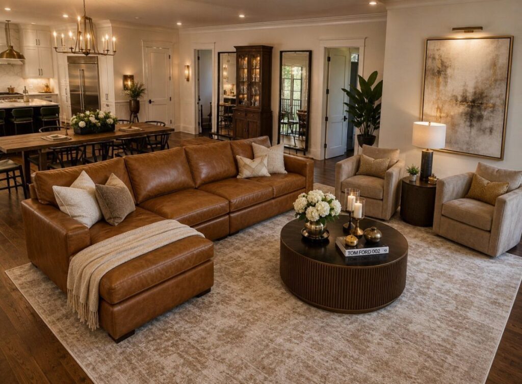 Brown leather sectional sofa in a bright, modern living room with neutral decor.