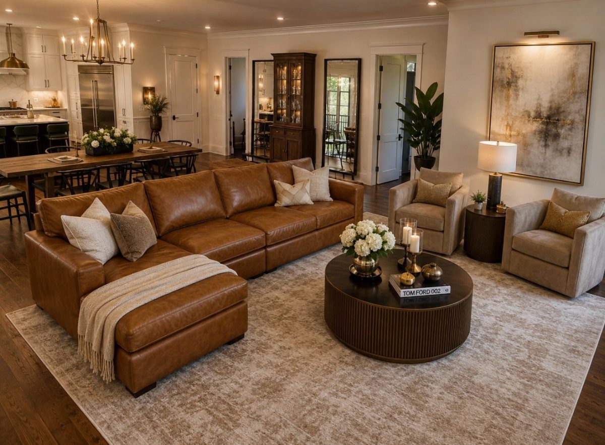 Brown leather sectional sofa in a bright, modern living room with neutral decor.