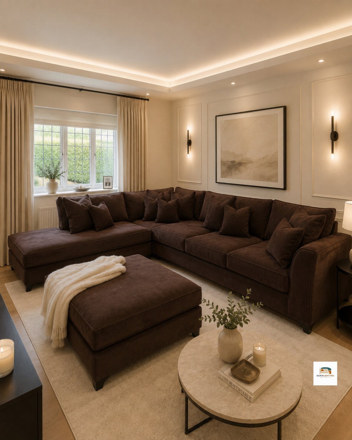 Dark brown sectional sofa in a modern living room with a round coffee table.