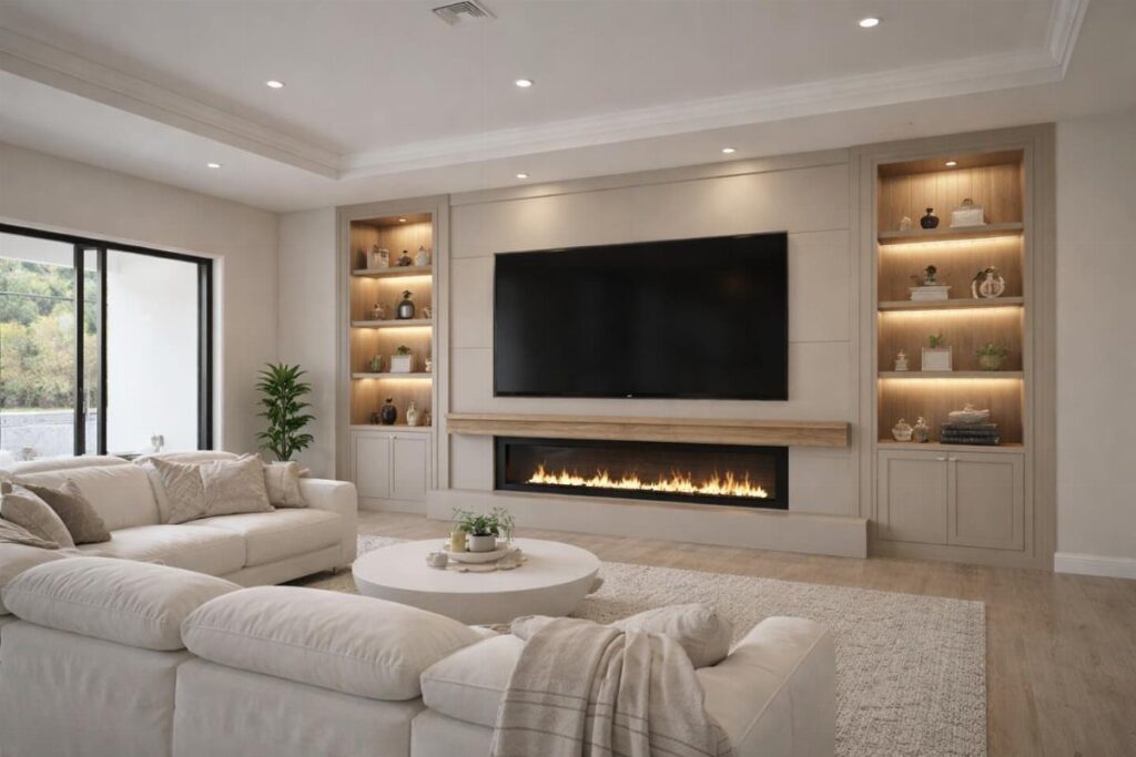 Built-in shelves flanking a television and fireplace in a modern beige living room