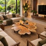 Organic live-edge wood coffee table in a modern living room with tropical views.