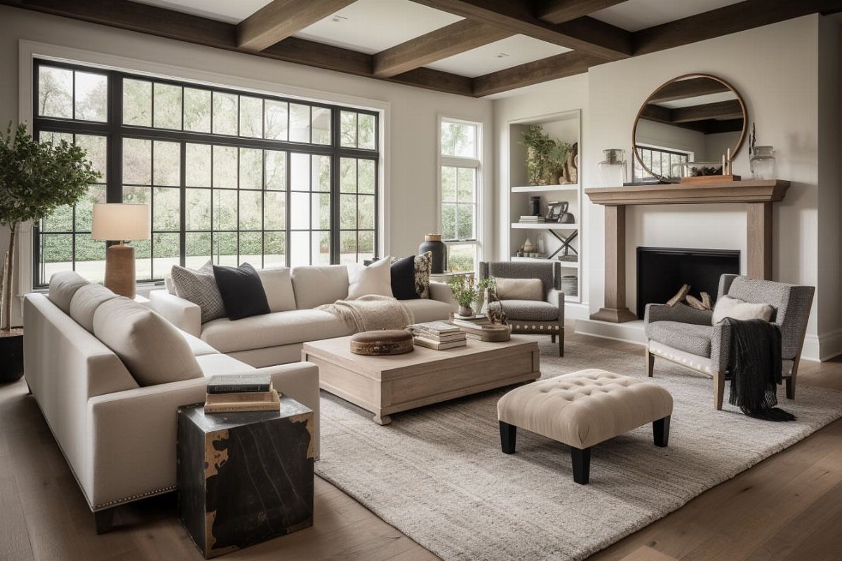 Contemporary farmhouse living room with white sofas, wooden beams, and a fireplace.