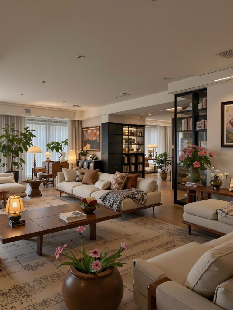 Cream sofas and wooden furniture in a neutral, warmly lit contemporary living room.