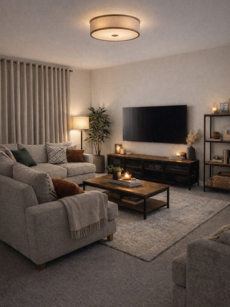 Cosy living room with grey sofas, wooden coffee table, and warm ambient lighting.