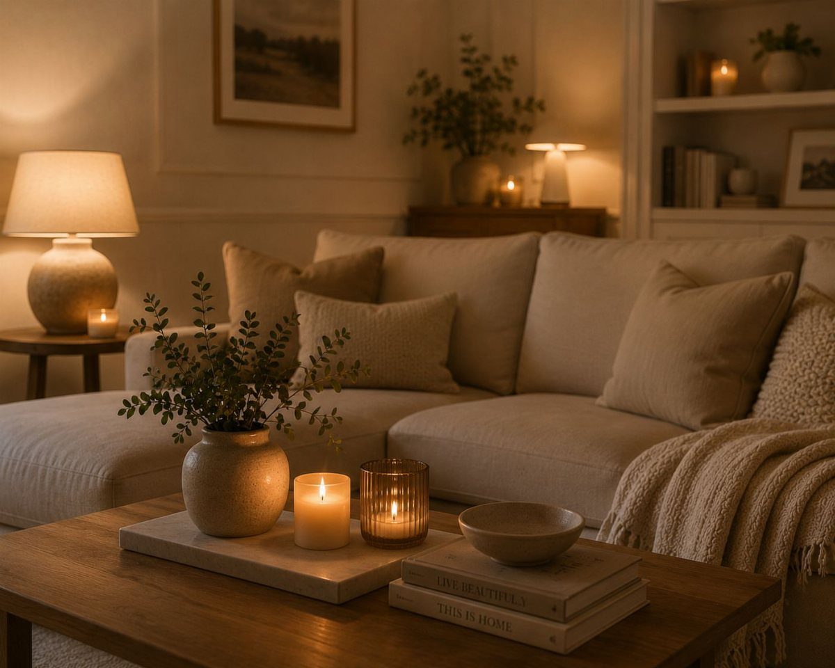 Warmly lit living room featuring a table lamp and several glowing candles on tables.