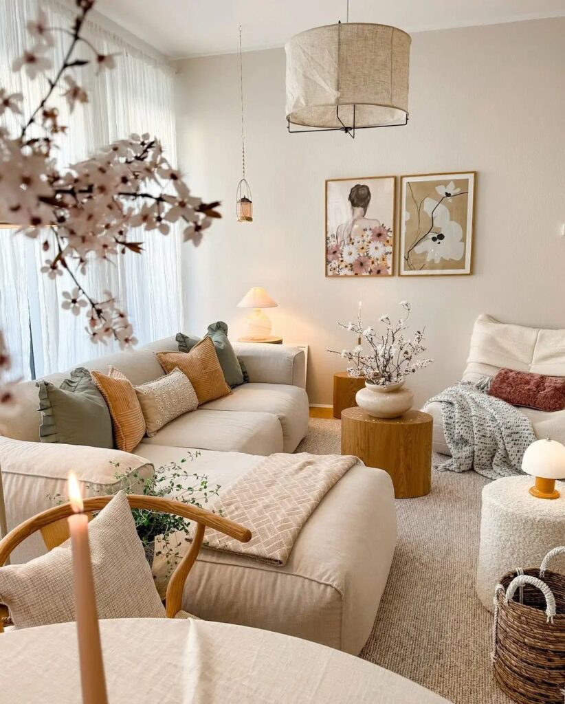 Cream sectional sofa with neutral pillows in a bright, modern living room setting.