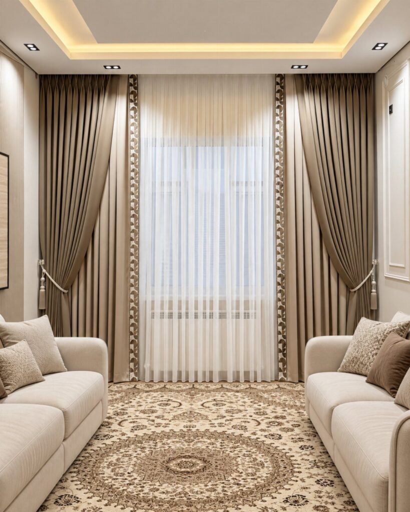 Taupe drapery with decorative borders and sheer white curtains in a living room.