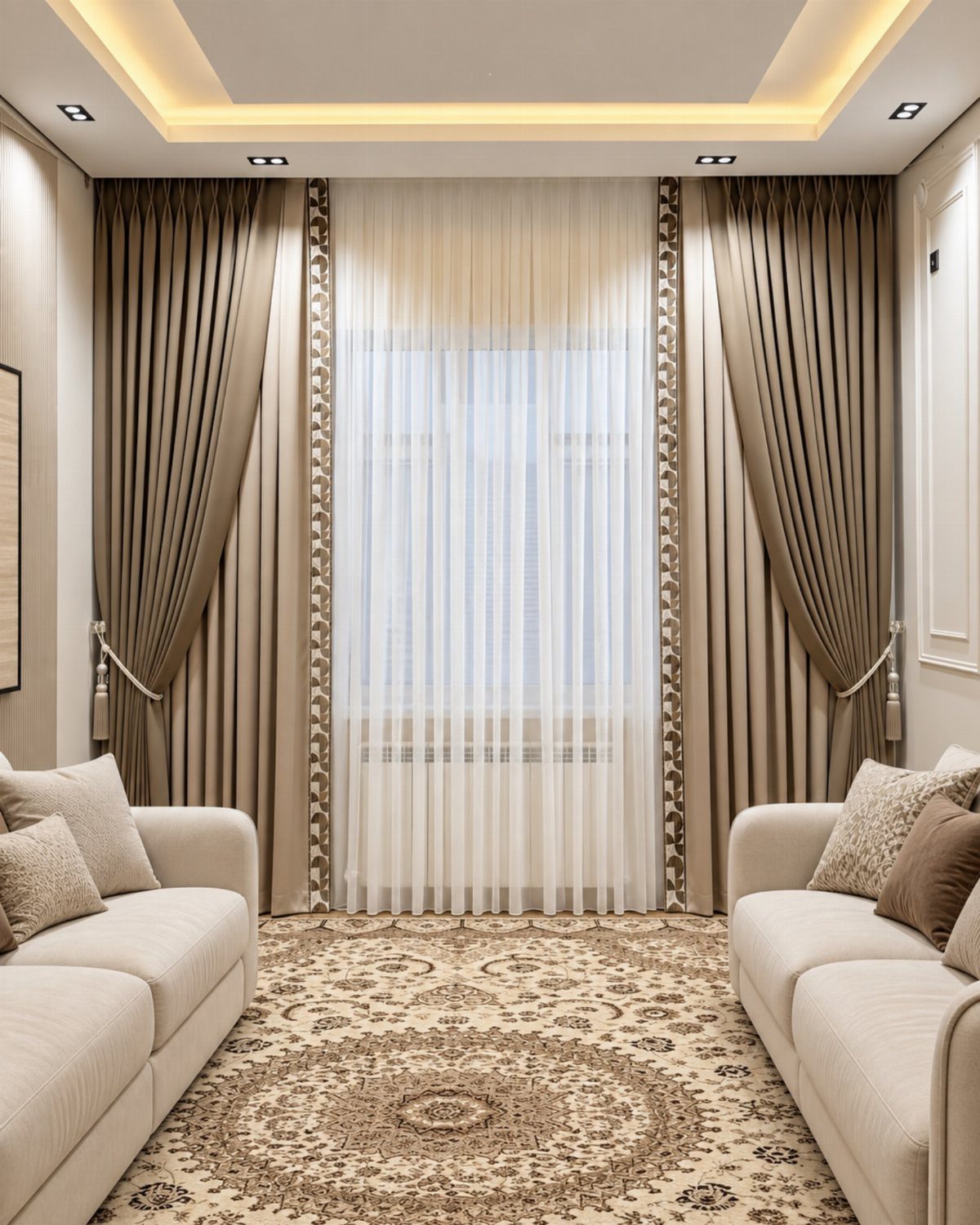 Taupe drapery with decorative borders and sheer white curtains in a living room.
