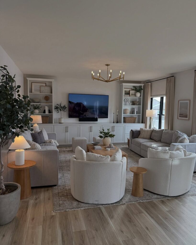 Modern family room with white swivel chairs, grey sectional, and built-in white cabinetry.