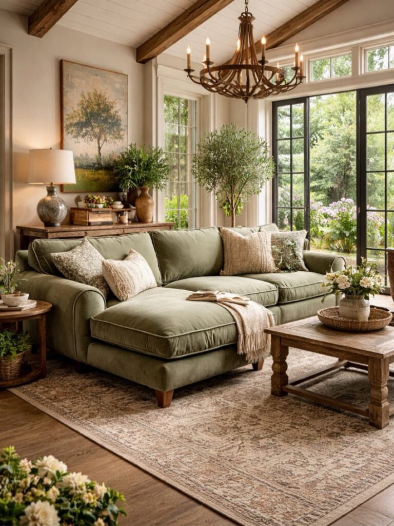 Sage green sectional sofa in a farmhouse living room with rustic wooden furniture.