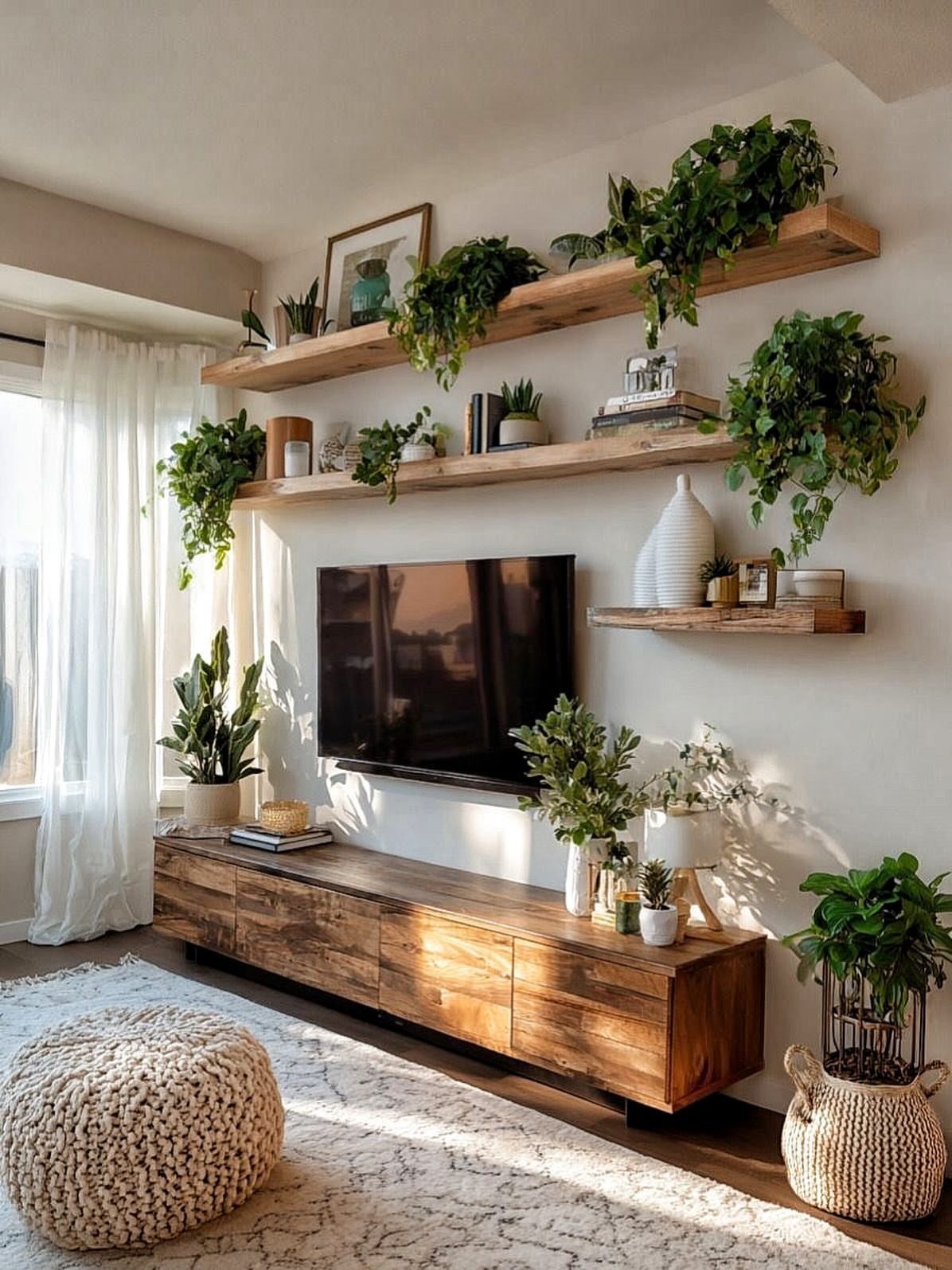 Wooden floating shelves with trailing green plants above a TV in a bright living room