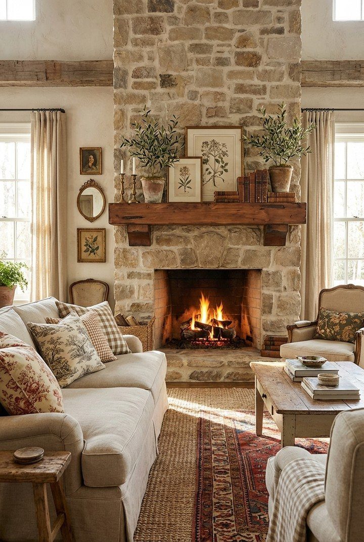Cozy living room with stone fireplace, beige sofa, and rustic wooden furniture.
