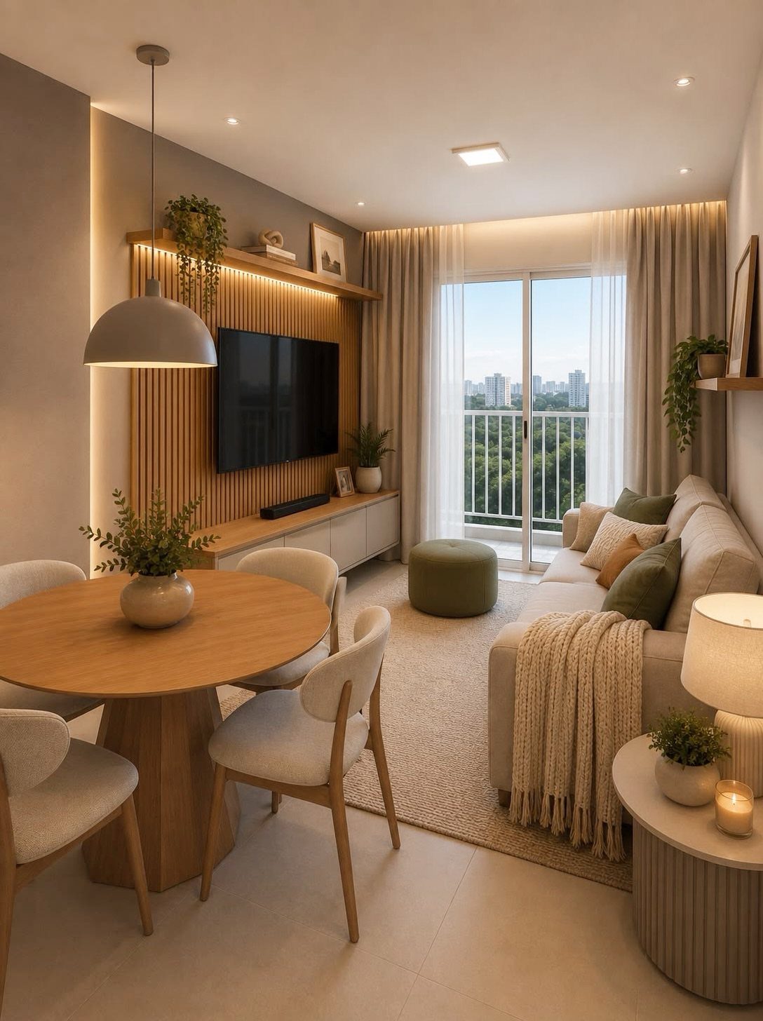 Small modern living room with beige sofa, wooden dining table, and slatted wall panel.