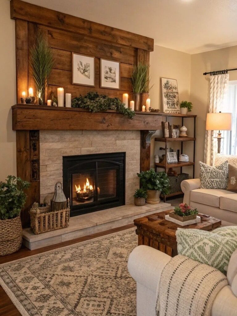 Rustic living room with a stone fireplace, wooden mantel, and comfortable seating area.