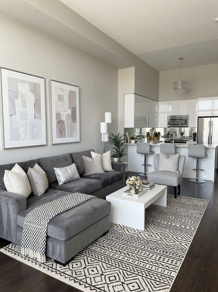 Grey sectional sofa in a modern living room with white coffee table and rug