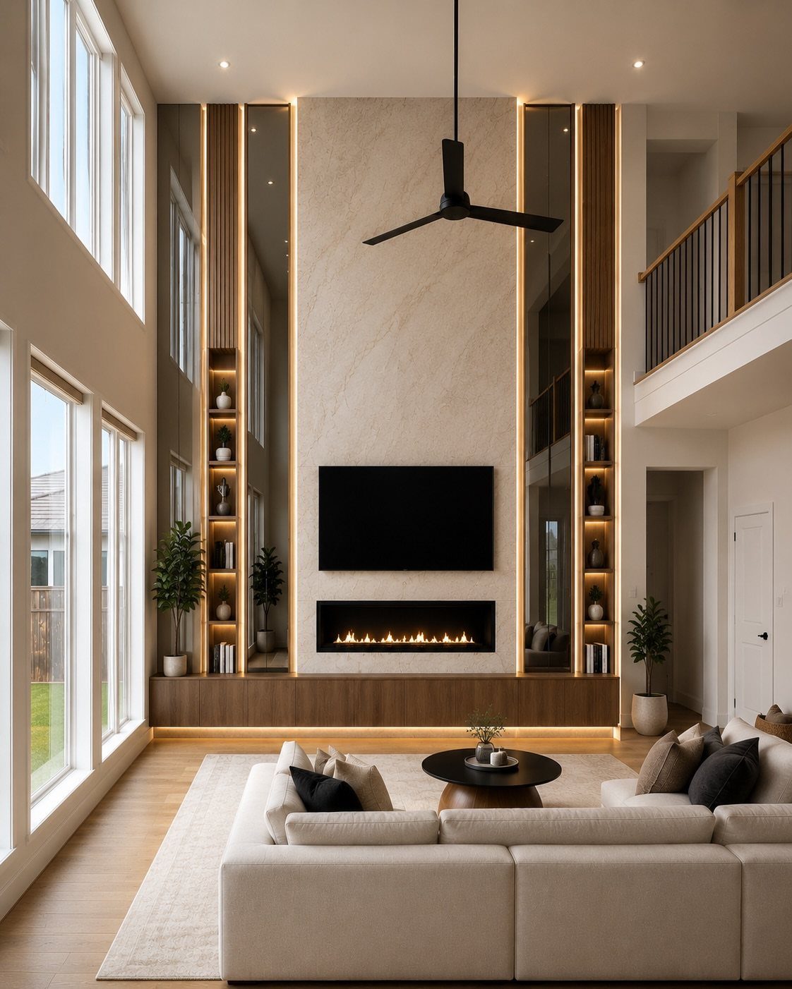Modern living room with high ceilings, marble fireplace wall, and large beige sectional sofa.