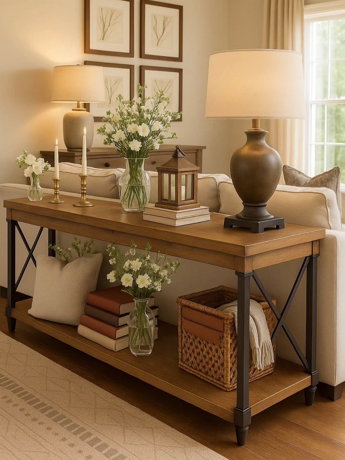 Wooden console table behind a beige sofa decorated with lamps, flowers, and baskets.