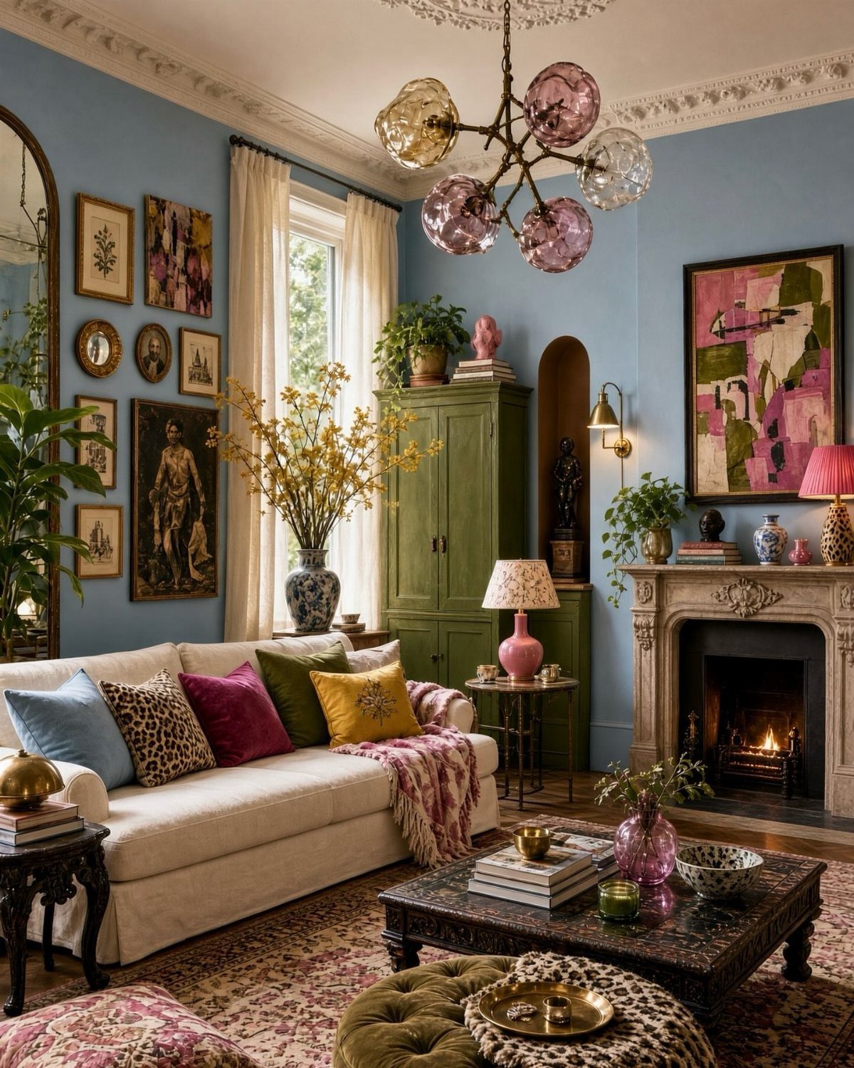 Maximalist living room with blue walls, white sofa, and colorful eclectic decor.