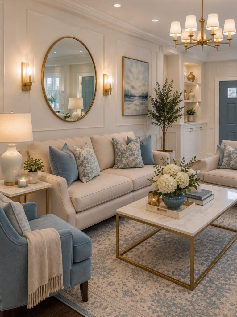 Elegant living room with beige sofa, blue accents, and gold decor elements.