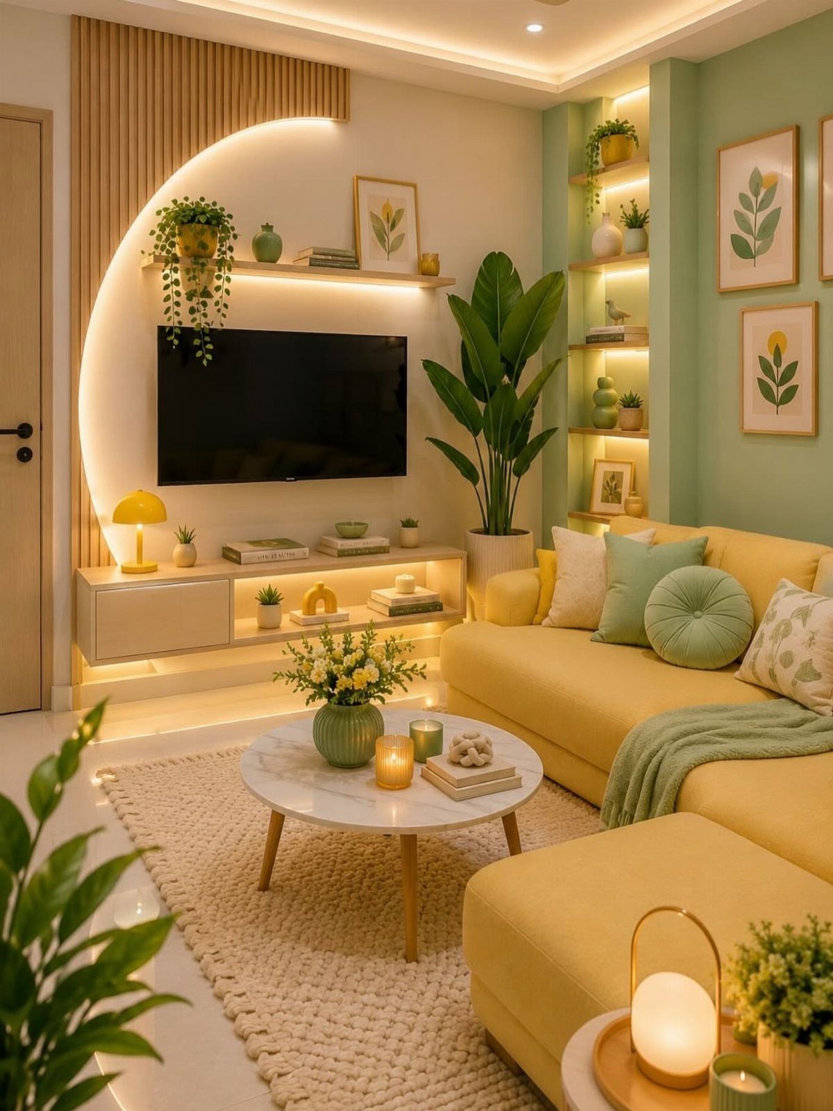 Modern living room with yellow sofa, marble coffee table, and warm ambient lighting.