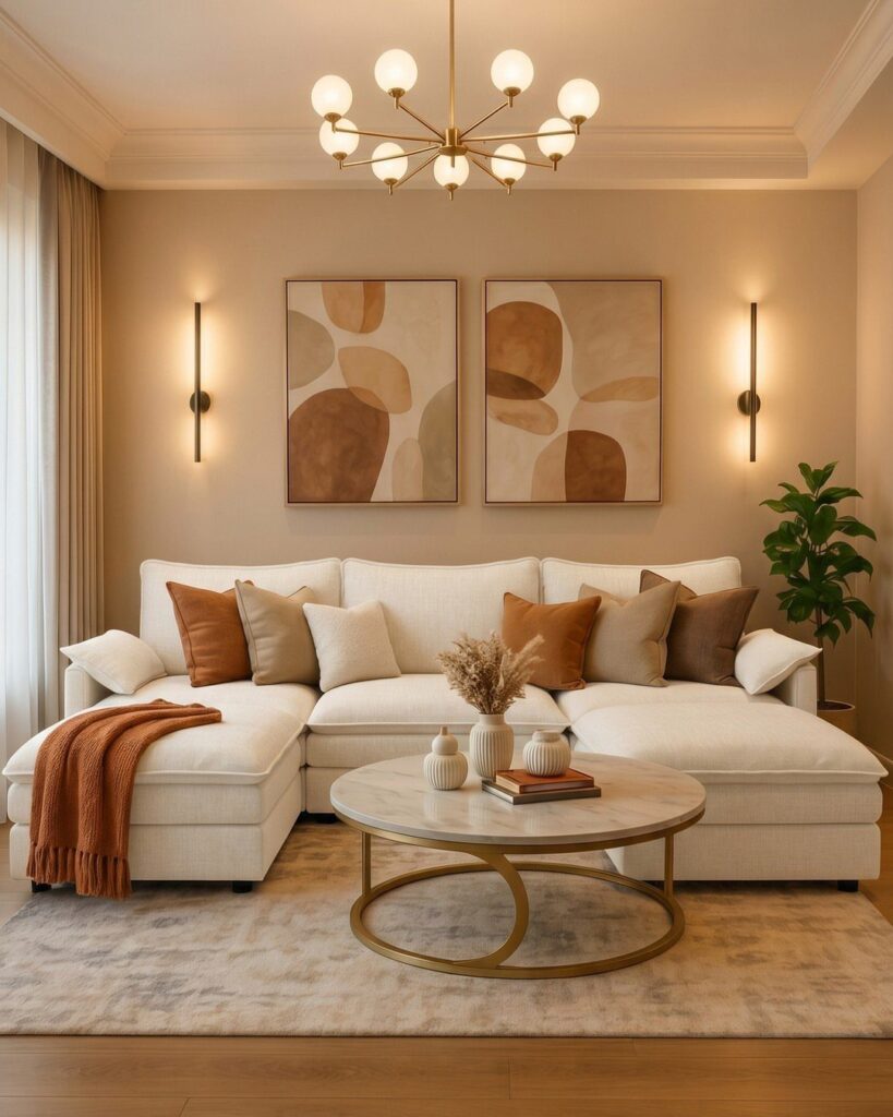 Beige living room with white sectional sofa, marble coffee table, and neutral tones.