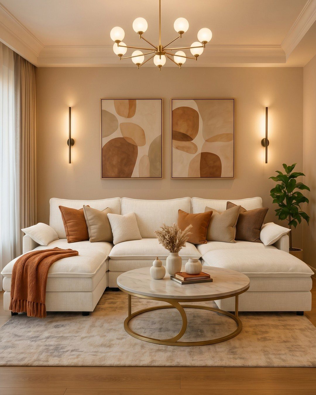 Beige living room with white sectional sofa, marble coffee table, and neutral tones.