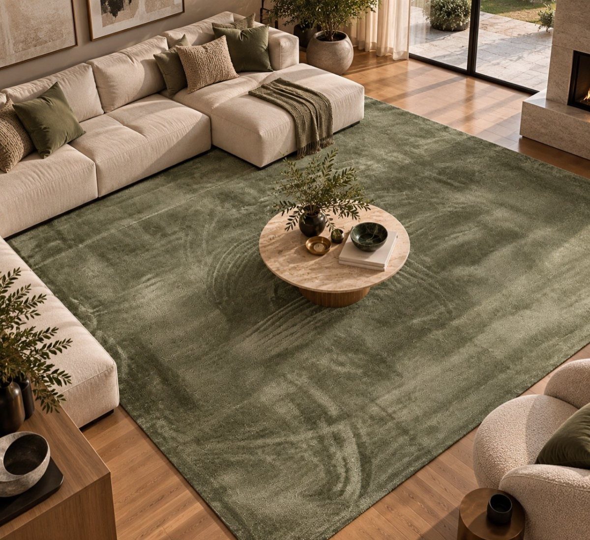 Sage green area rug in a modern living room with beige sectional sofa
