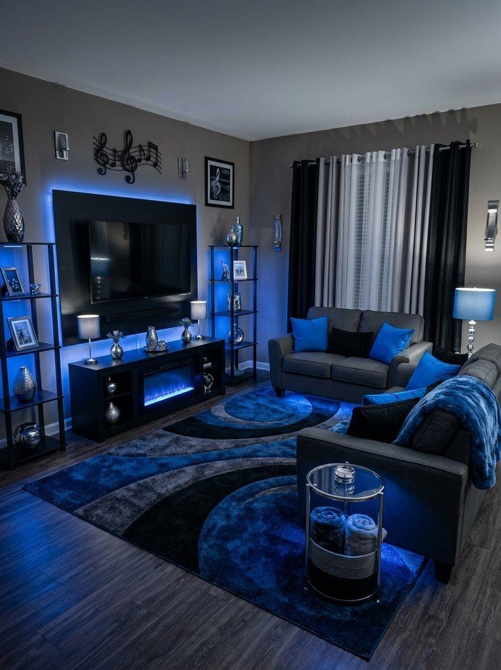 Modern living room featuring vibrant blue LED lighting, blue rug, and grey sofas.