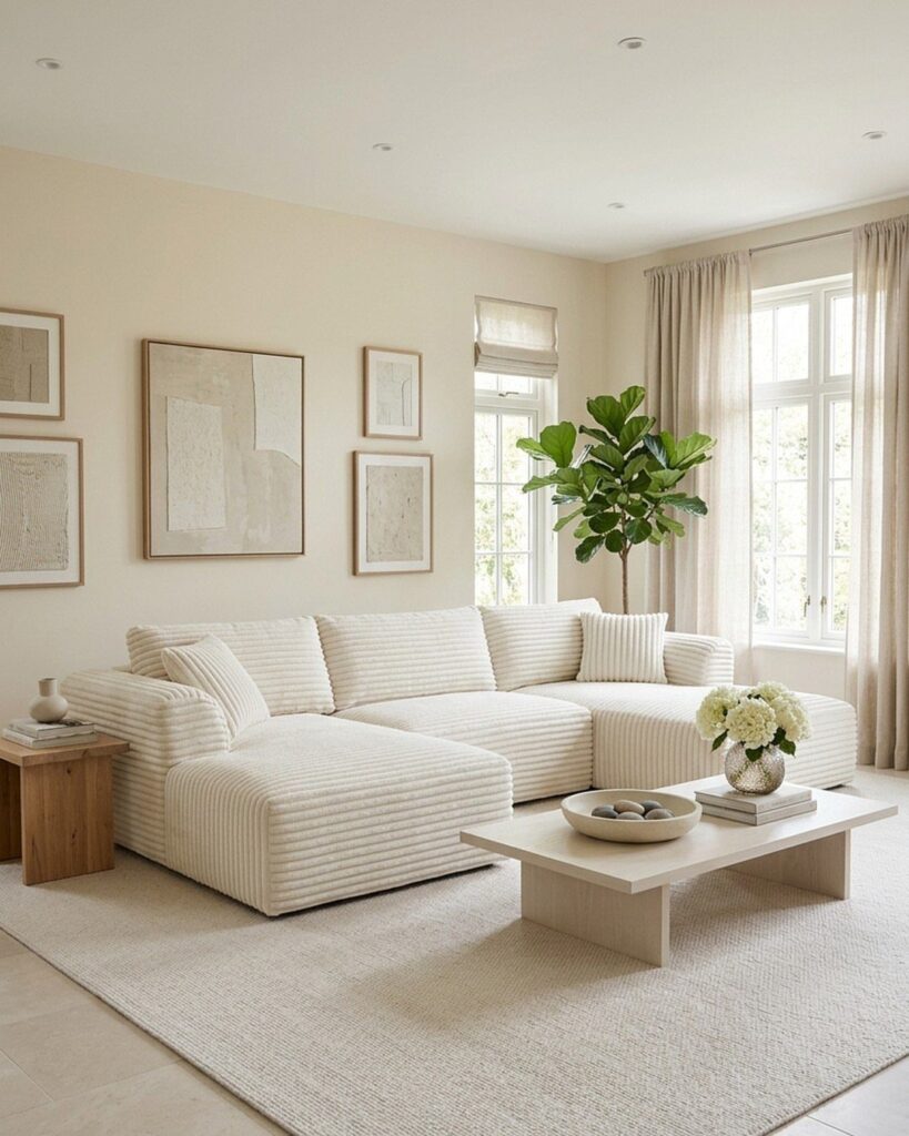 White striped sectional sofa on a beige rug in a bright living room