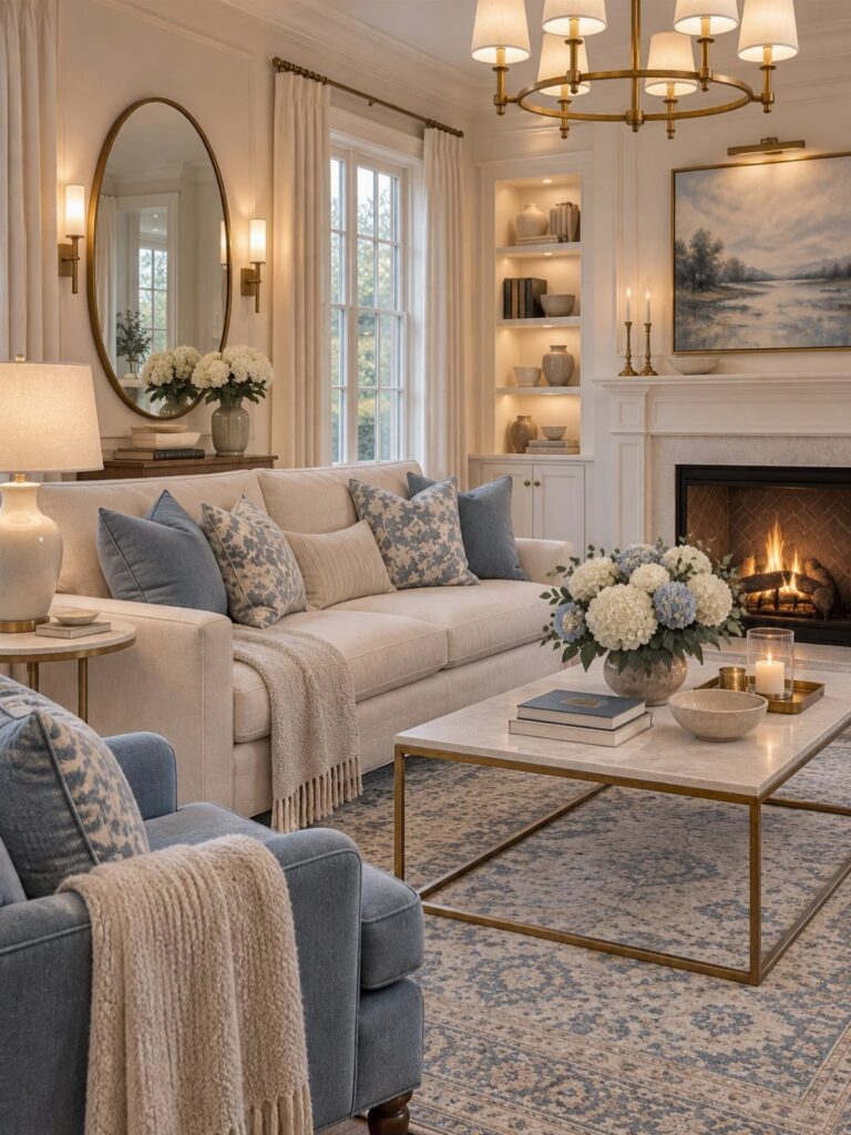 Elegant living room with cream and blue furniture, a fireplace, and gold accents.