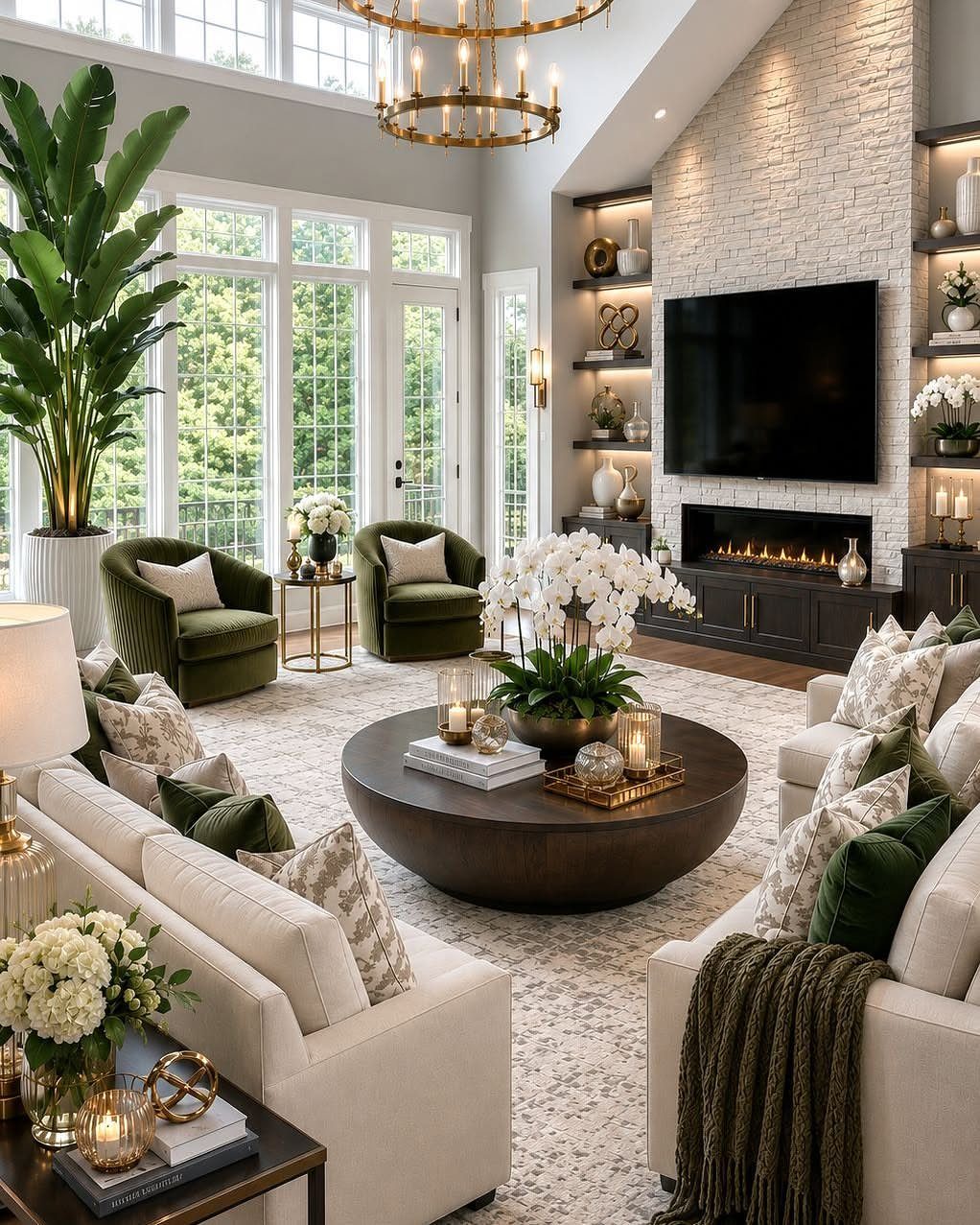 Living room with two green velvet accent chairs and cream sofas around a coffee table.