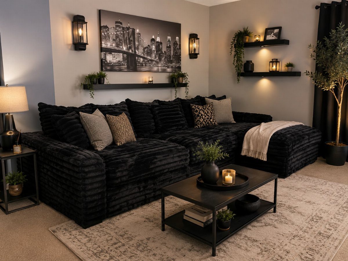 Black textured sectional sofa in a modern living room with city skyline art.