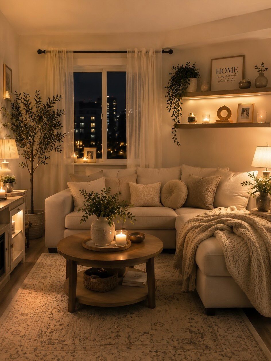 Cozy lounge room with white sectional sofa, wooden coffee table, and warm ambient lighting.