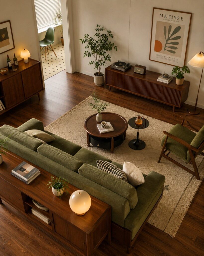 Green sofa and wooden furniture in a midcentury modern living room with art.