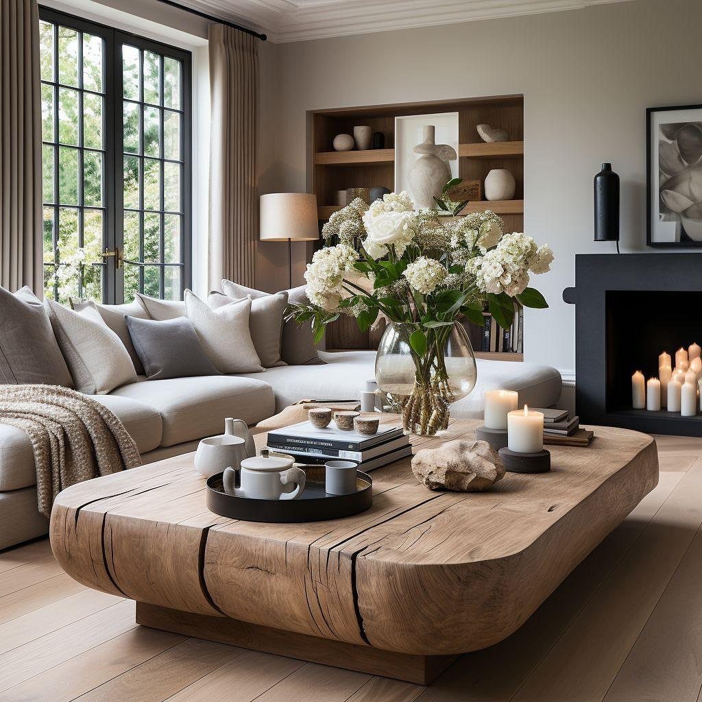Organic wooden coffee table with white flowers and candles in a modern living room