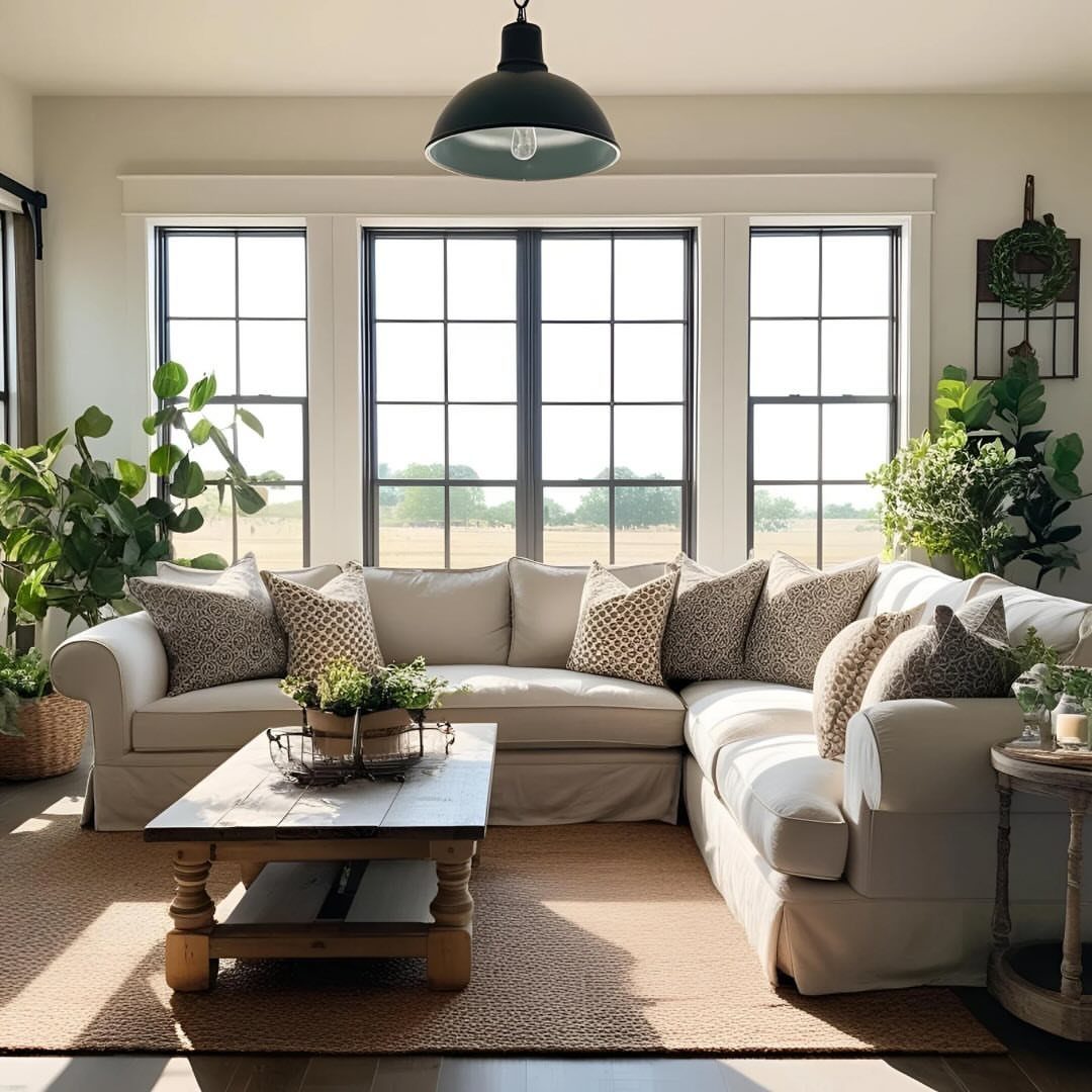 White sectional sofa and rustic wooden coffee table in a bright farmhouse living room