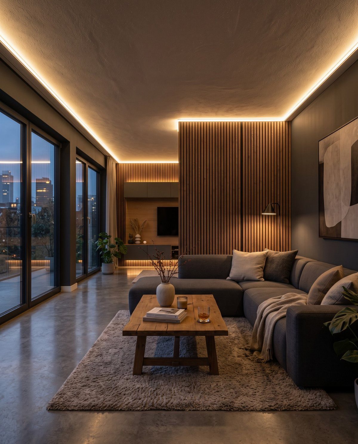 Modern living room featuring warm perimeter LED ceiling lighting and wooden slat walls.