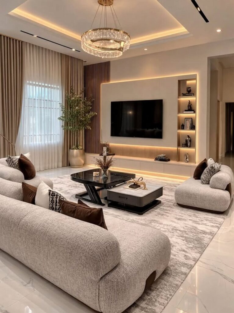 Modern living room with beige sofas, crystal chandelier, and backlit TV wall.