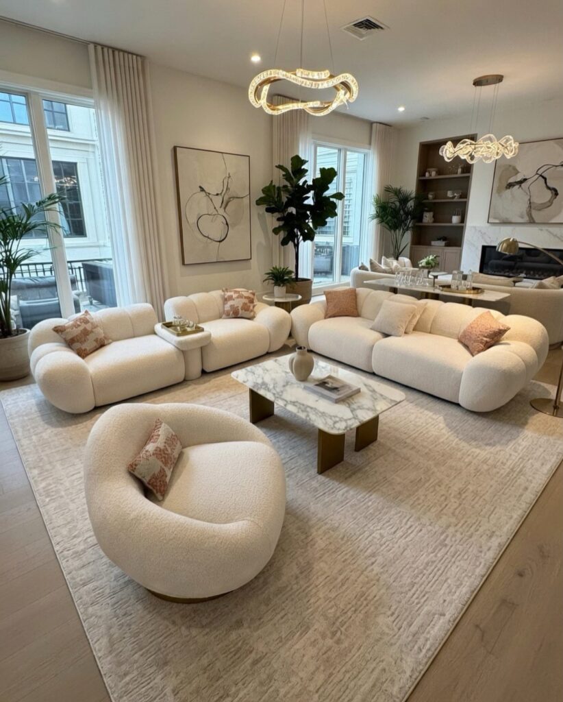 Curved cream bouclé sofas and chairs in a bright, modern living room setting