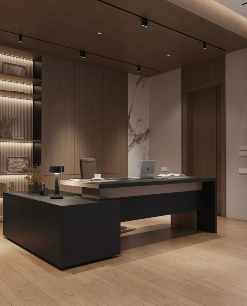 Modern office with a black desk, wood-paneled walls, and light wood flooring.