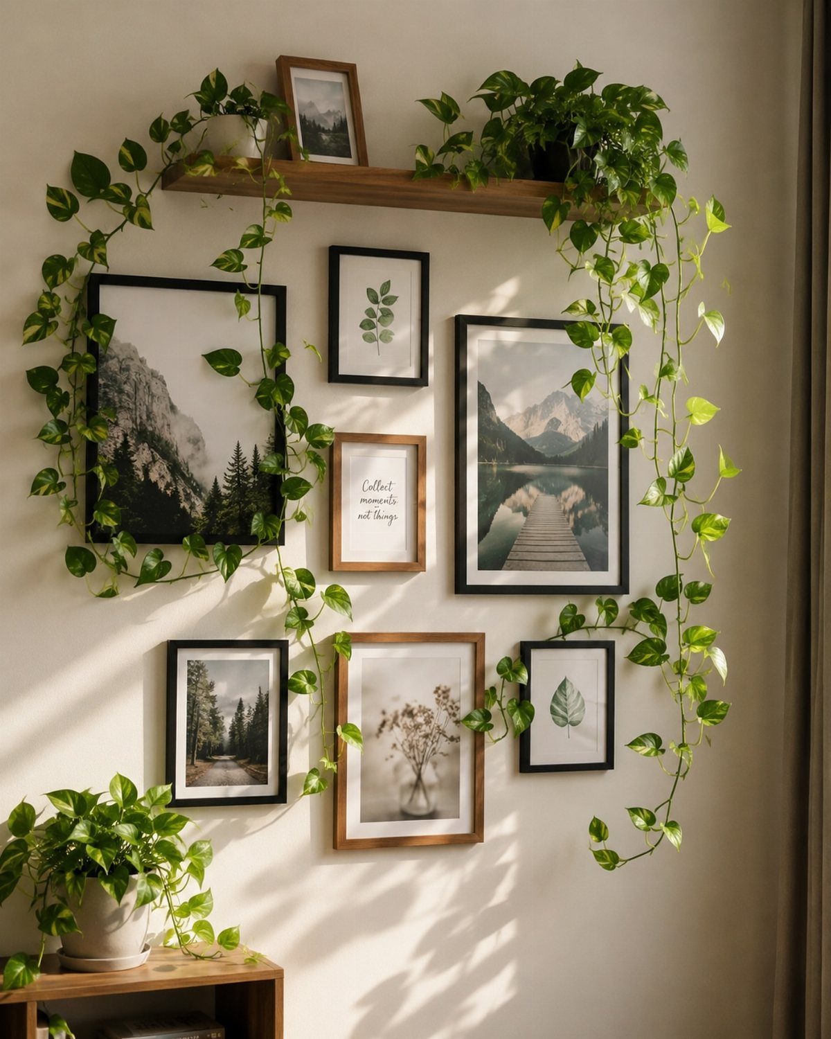 Gallery wall with nature prints and trailing ivy plants on a white wall