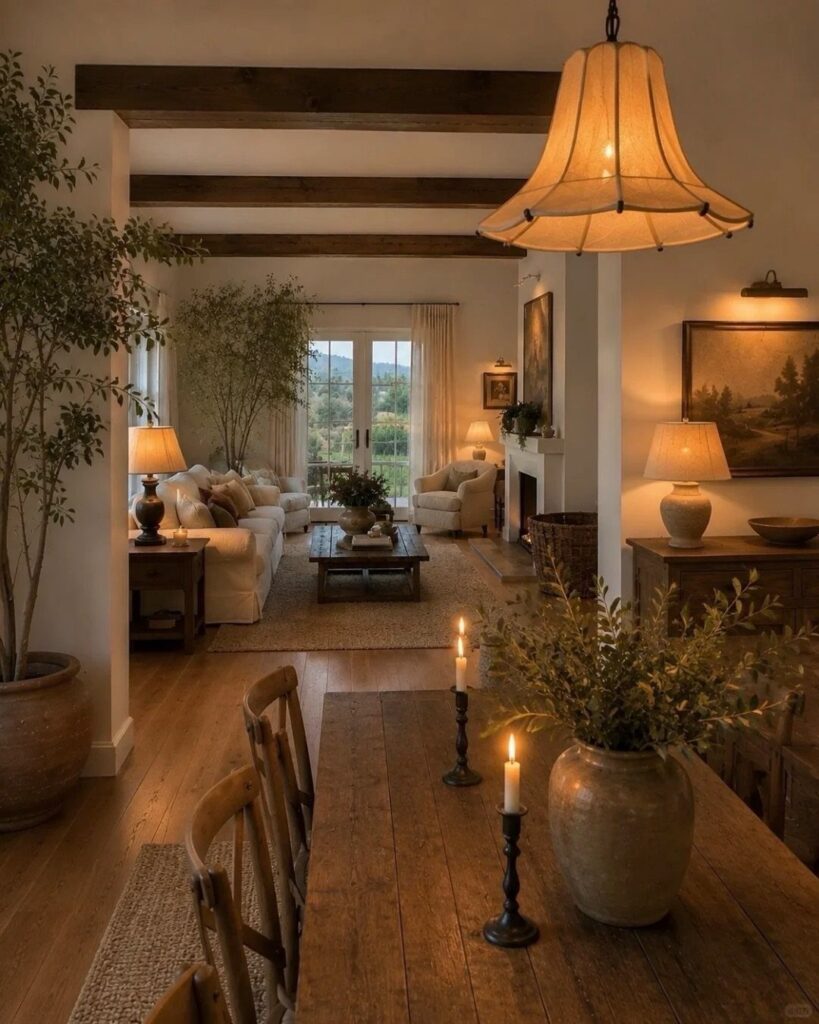 Rustic contemporary living room with wooden ceiling beams, white sofas, and warm lighting.