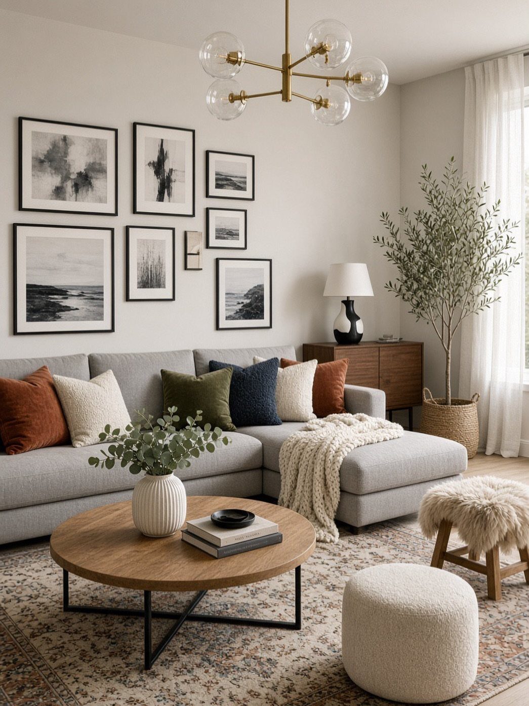 Grey sectional sofa with colorful pillows and a round wooden coffee table.